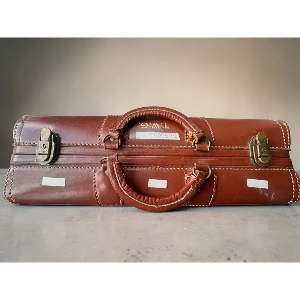 Vintage 1950s 60s Leather Suitcase Brown Hard Case Luggage Monogrammed TWG